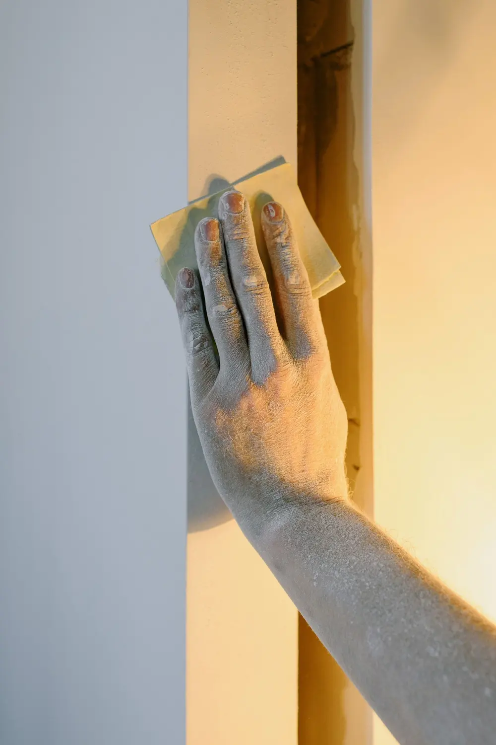 A hand coated in fine grey drywall dust sanding a wall edge during renovation work