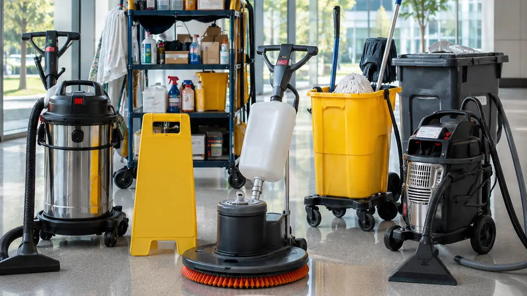 Floor machine, carpet extractors, mop bucket, and supply cart staged on a polished floor in a glass-walled commercial lobby