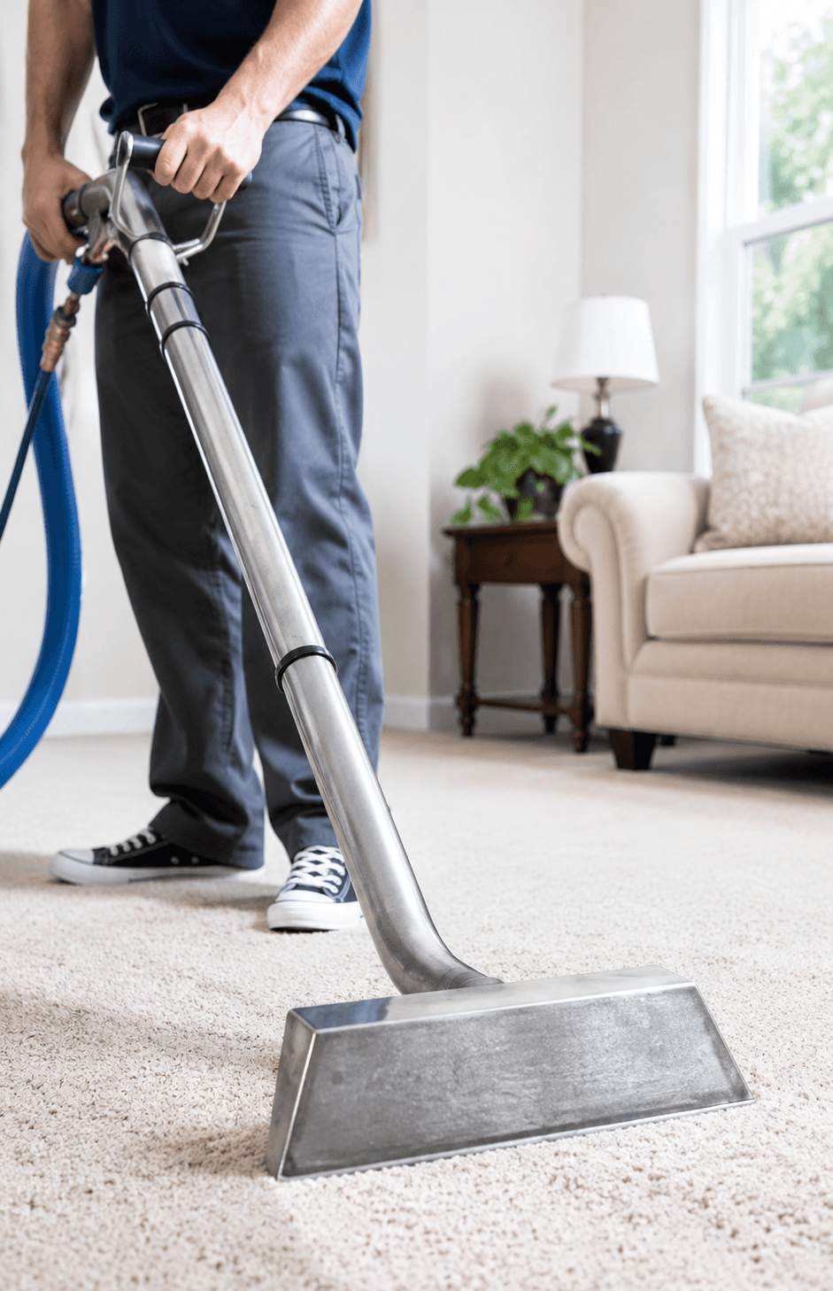 Technician using carpet extraction equipment