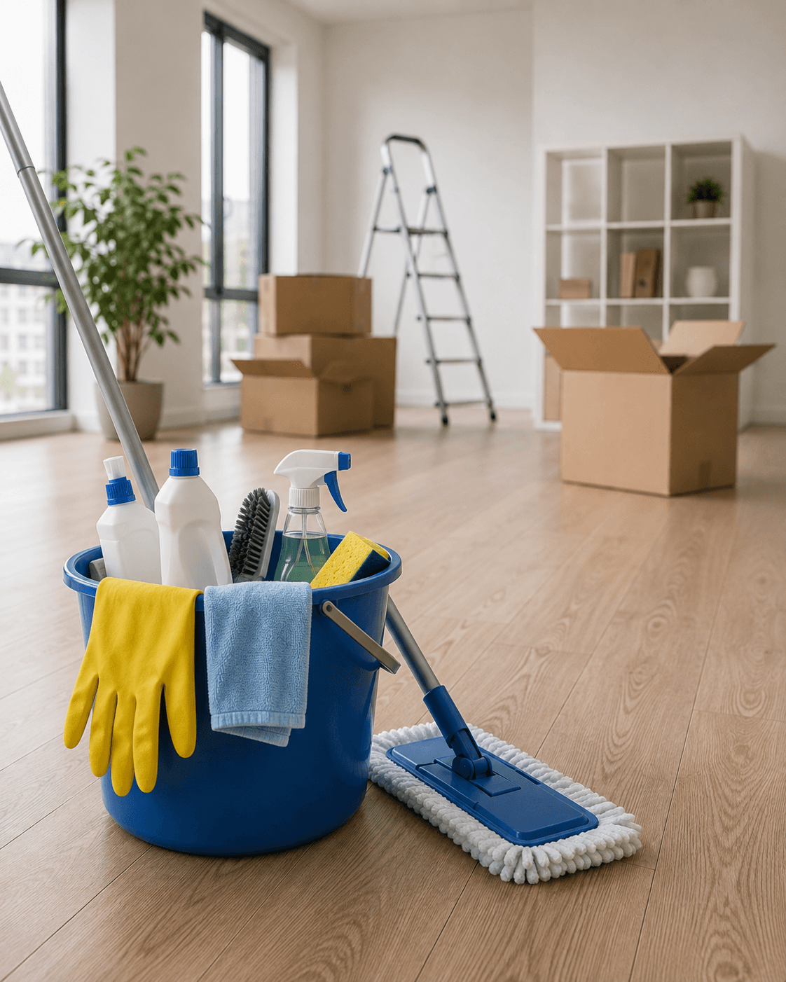 Packing boxes and cleaning supplies in an empty apartment during a move-out