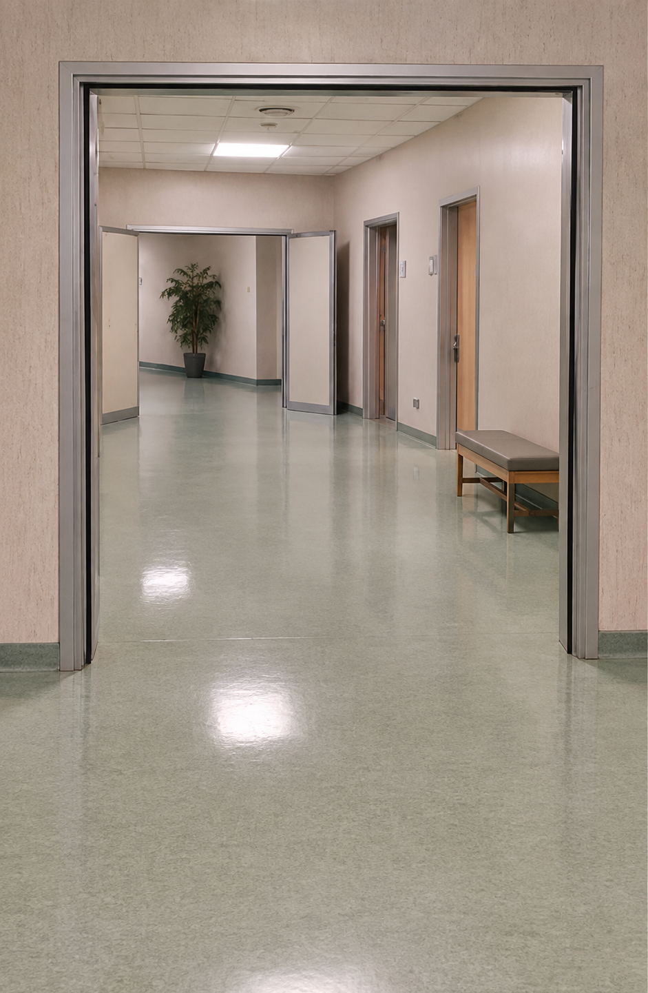 Glossy vinyl composition tile corridor in a commercial building after floor finish has been applied